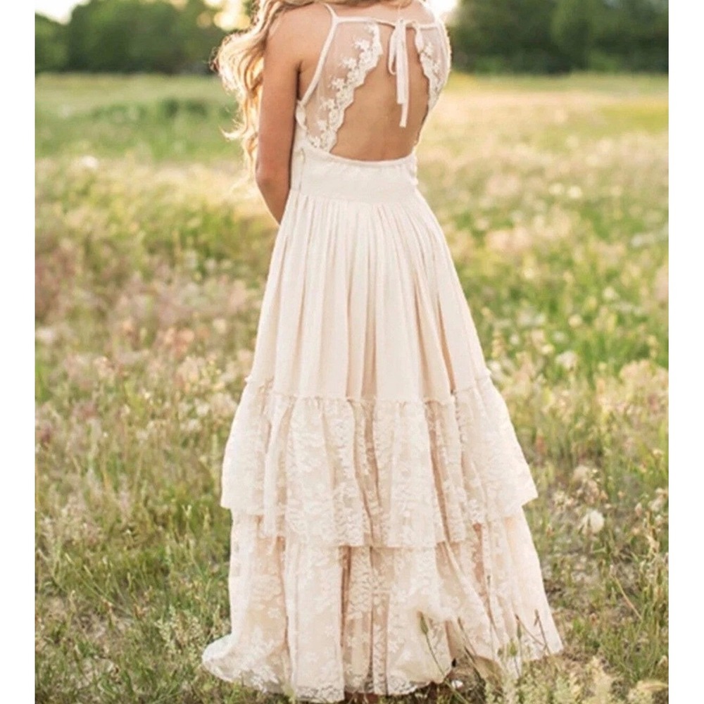 Mia Joy Champagne Lace Tiered Open Back size 6 Maxi Dress Boho Cottagecore
